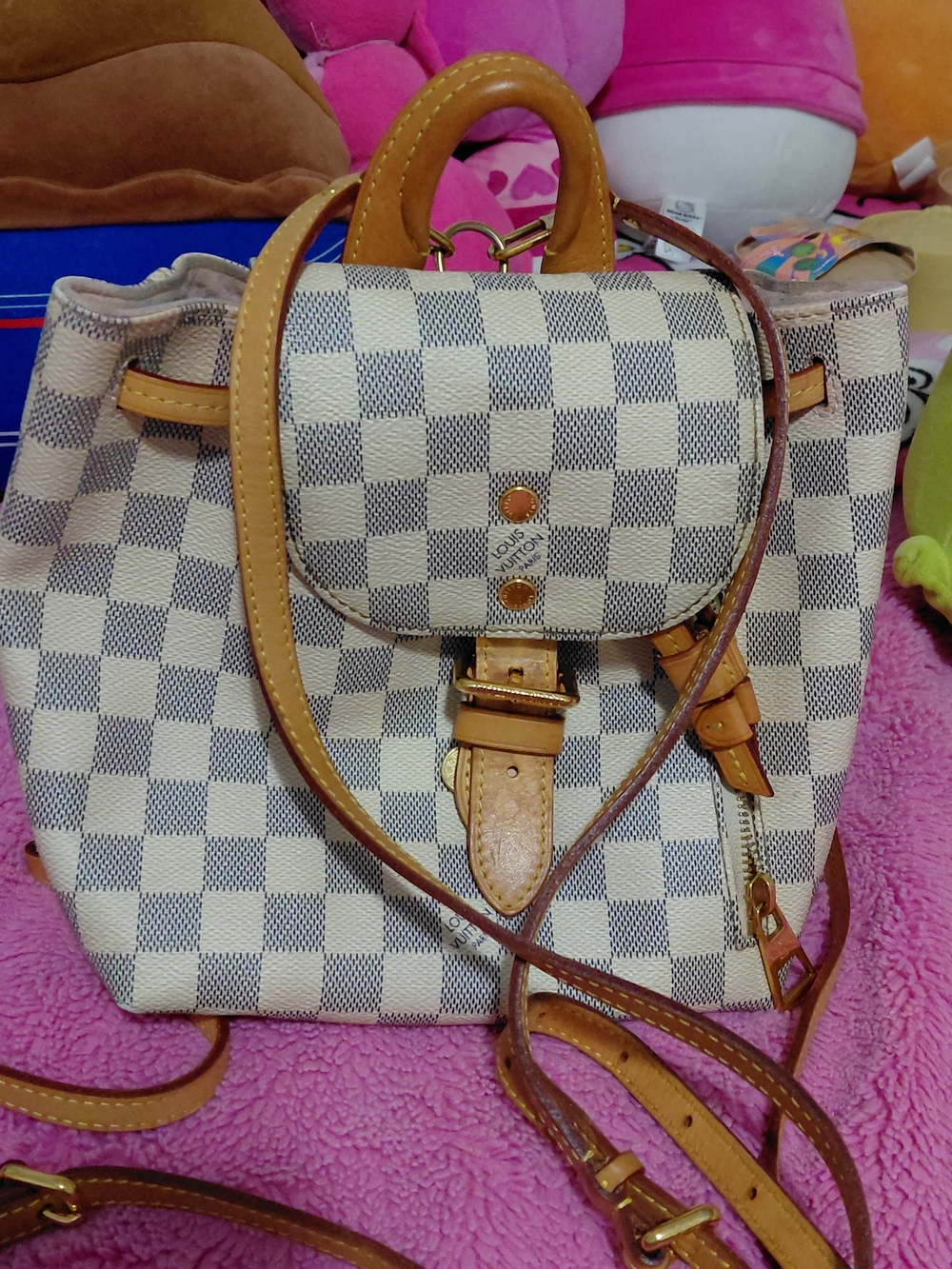 Louis Vuitton Damier Azur Check Canvas Backpack with Tan Leather Trim